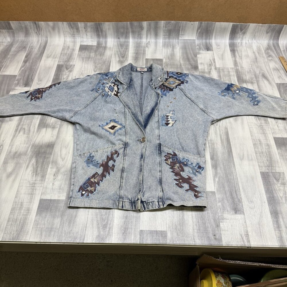 ✅VTG ApacheJean Jacket Womans M Acid Washed Puff Paint Shoulder Pads Retro Aztec